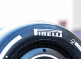 closeup of Pirelly F1 tyre with fsc logo